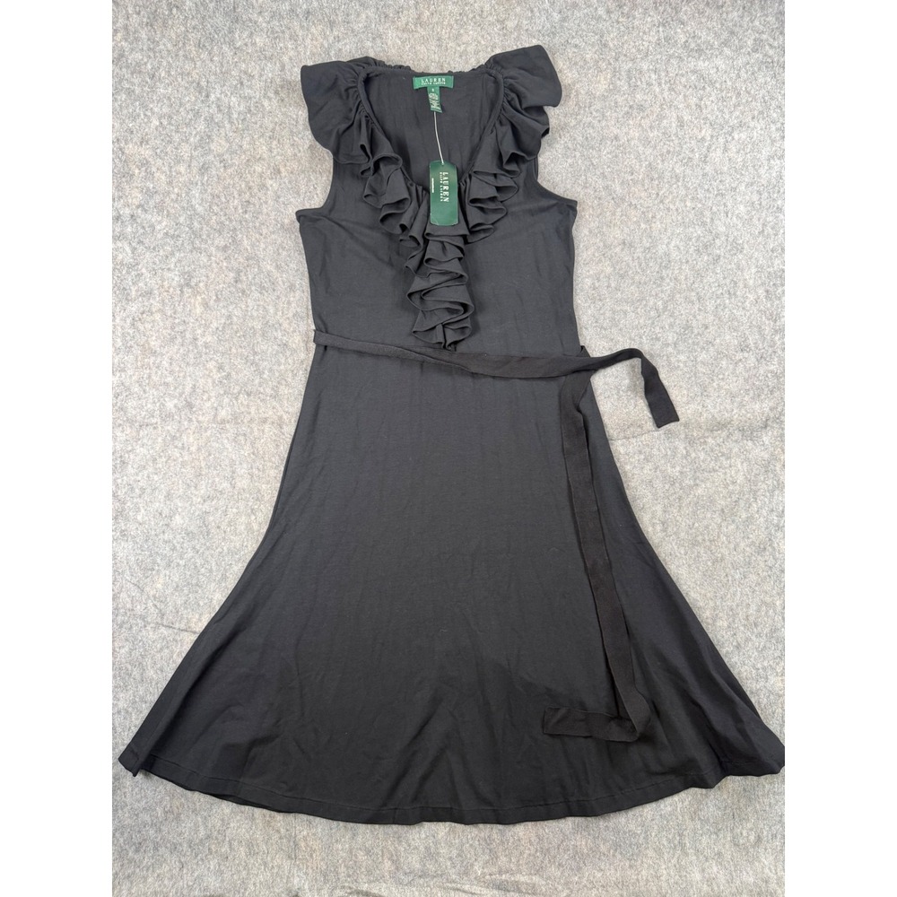 Lauren Ralph Lauren Black Ruffle V-Neck Belted ALine Midi Dress Womens Small NWT